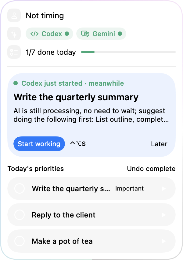 The floating status opened: Codex has started, a good moment to write the quarterly summary