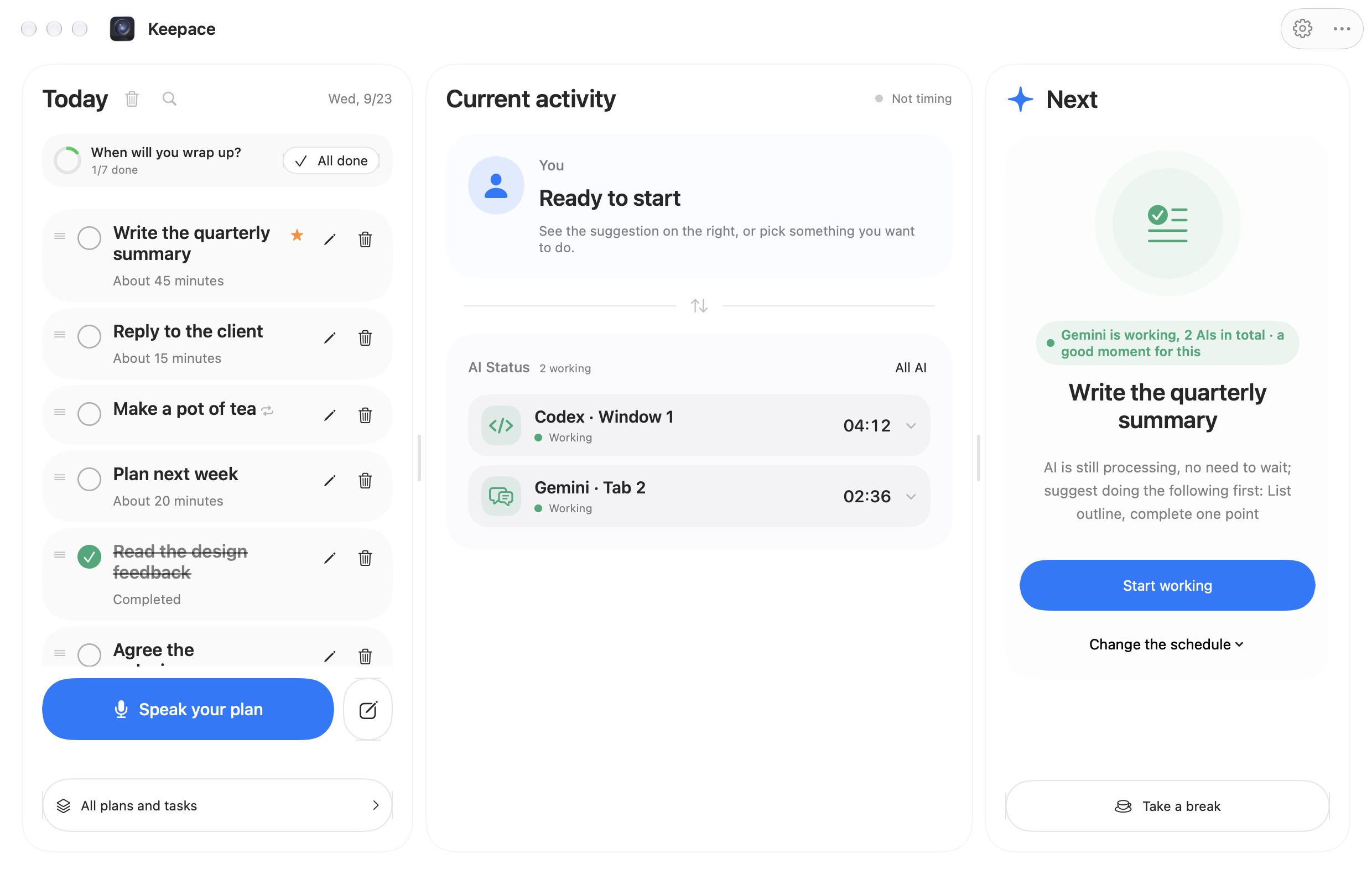 The Keepace window: today's to-dos on the left, Codex and Gemini working in the middle, and a suggestion on the right to write the quarterly summary meanwhile